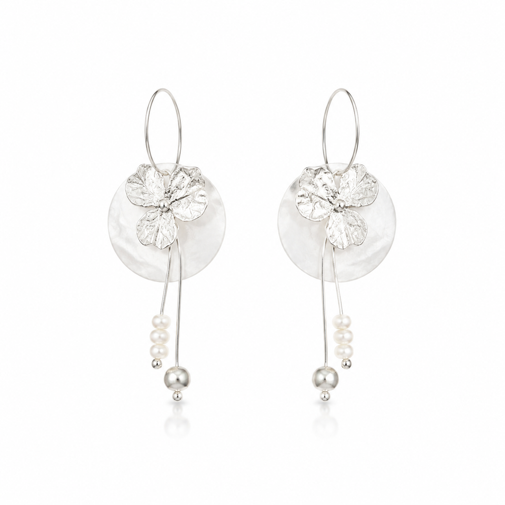 Sterling Silver Clover Pearl Drop Earrings