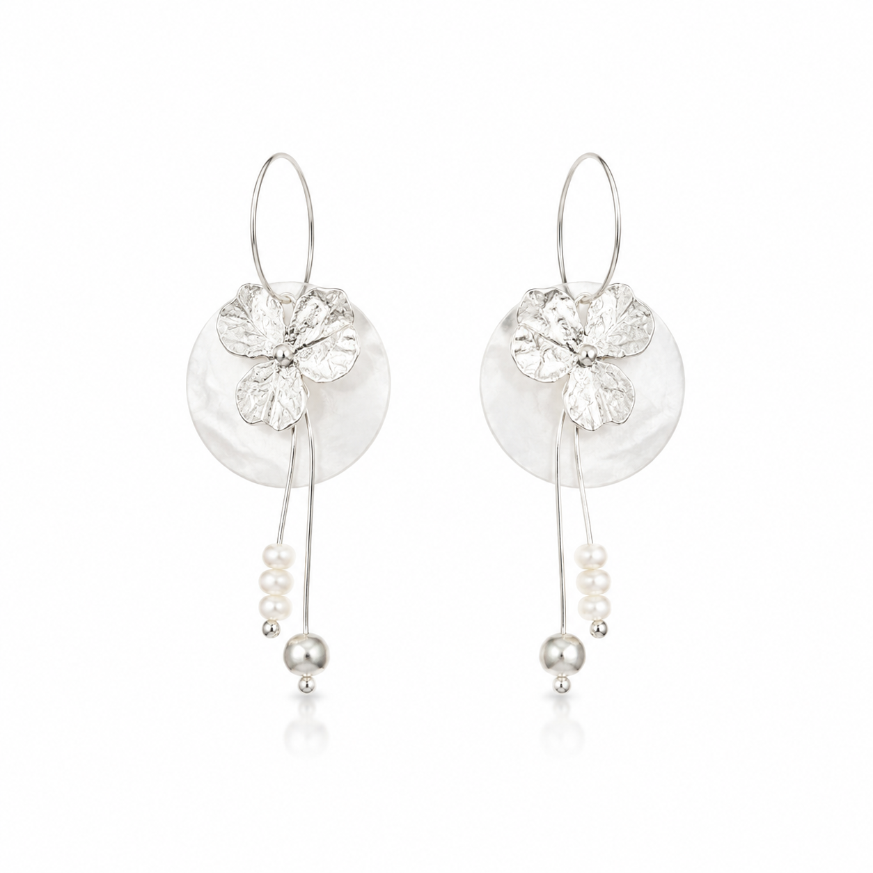 Sterling Silver Clover Pearl Drop Earrings