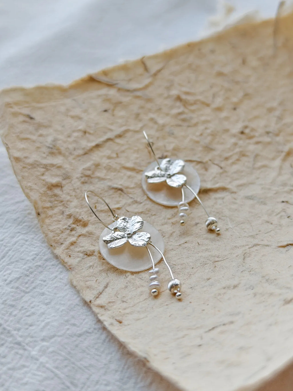 Sterling Silver Clover Pearl Drop Earrings