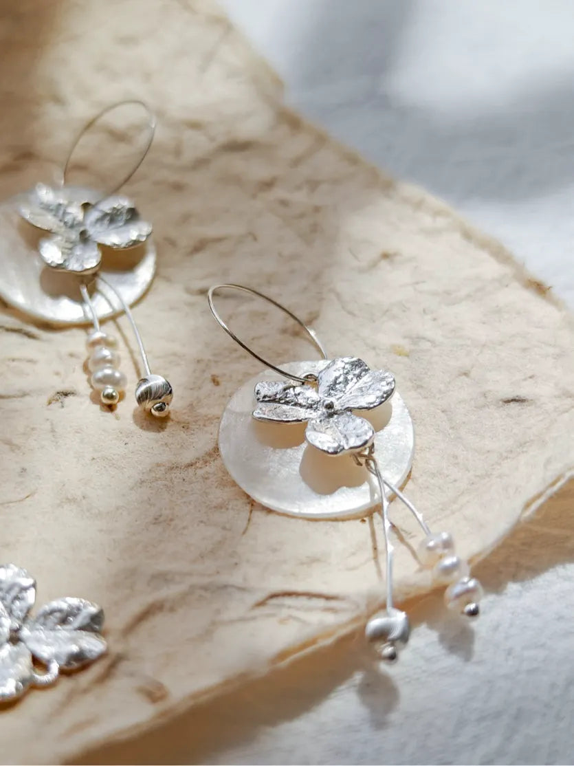 Sterling Silver Clover Pearl Drop Earrings