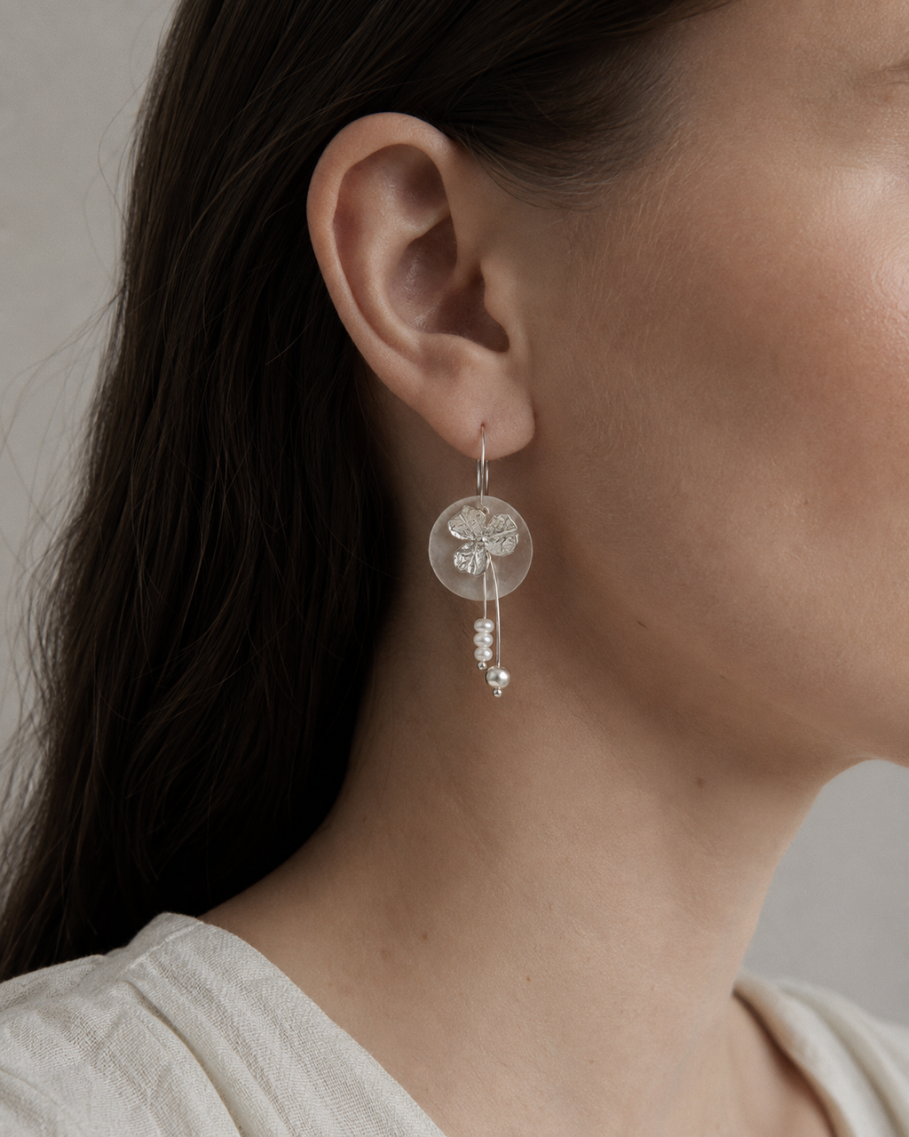 Sterling Silver Clover Pearl Drop Earrings